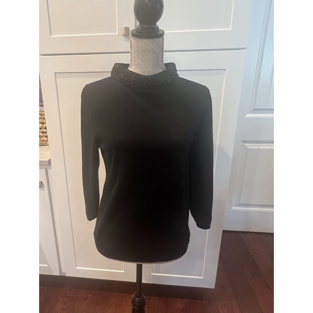 Talbots Womens L Black Beaded Mock Neck Sweater 3/4 Sleeve Cotton Rayon Knit Top